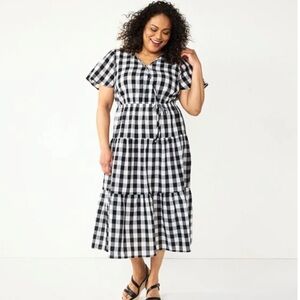croft & barrow Black and White Gingham Cottagecore Tiered Midi Faux Wrap Dress